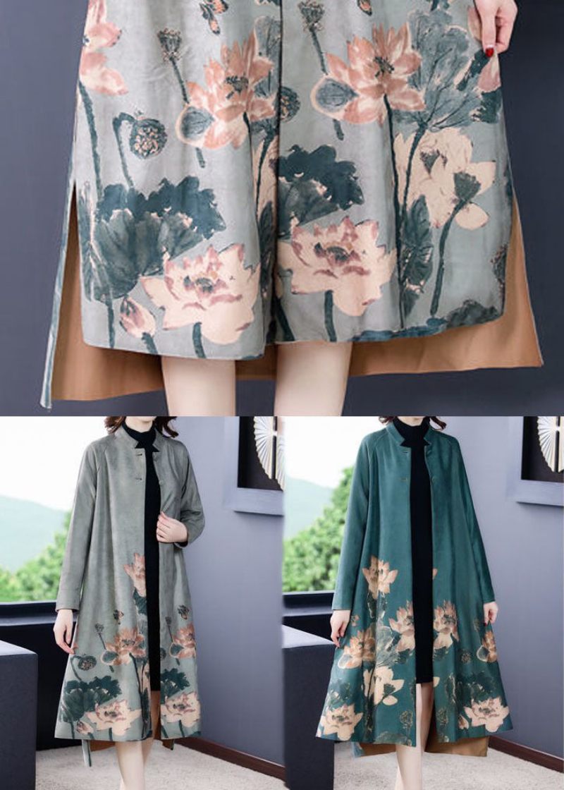 Snygg Grå Stativkrage Oversized Print Faux Mocka Coat Långärmad - Grå