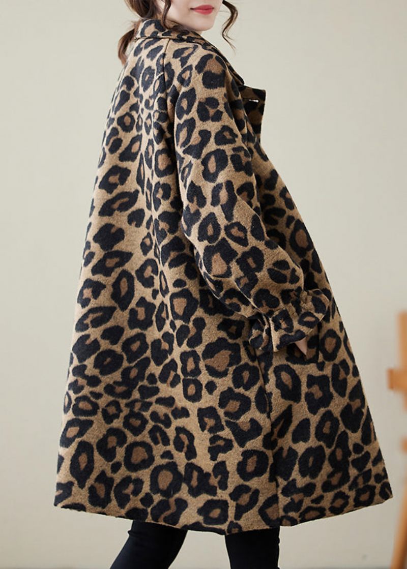 Snygg Kaki Oversized Leopard Print Yllerockar Vinter - Trenchcoats för kvinnor
