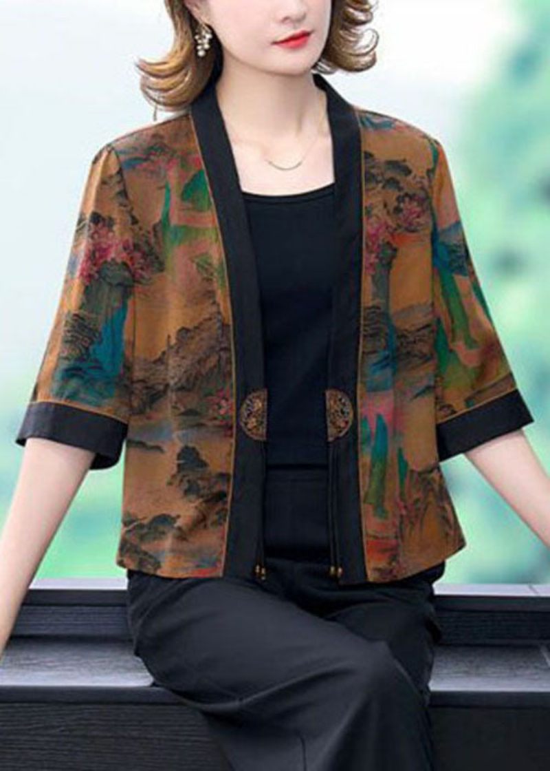 Snygg Khaki Oversized Print Silk Cardigan Half Sleeve