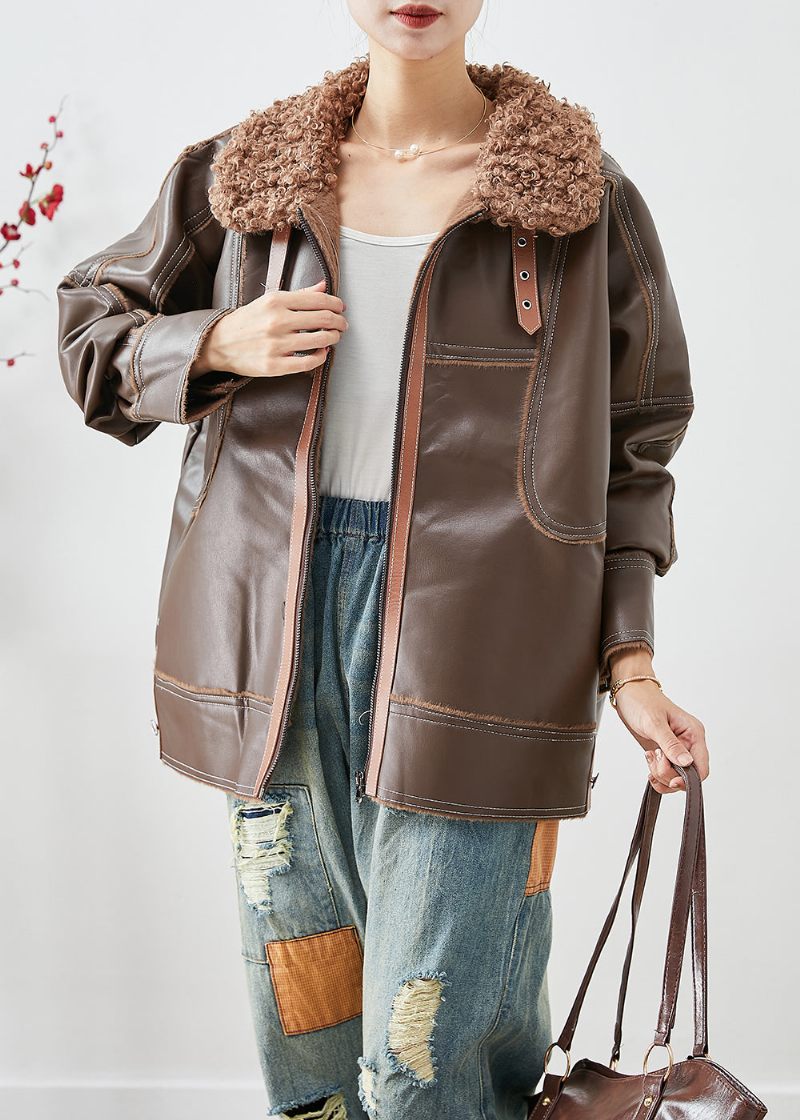 Snygg Khaki Pälskrage Patchwork Tjock Konstläderjackor Vinter