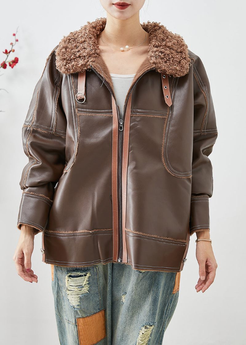 Snygg Khaki Pälskrage Patchwork Tjock Konstläderjackor Vinter - Vinterkappor för kvinnor