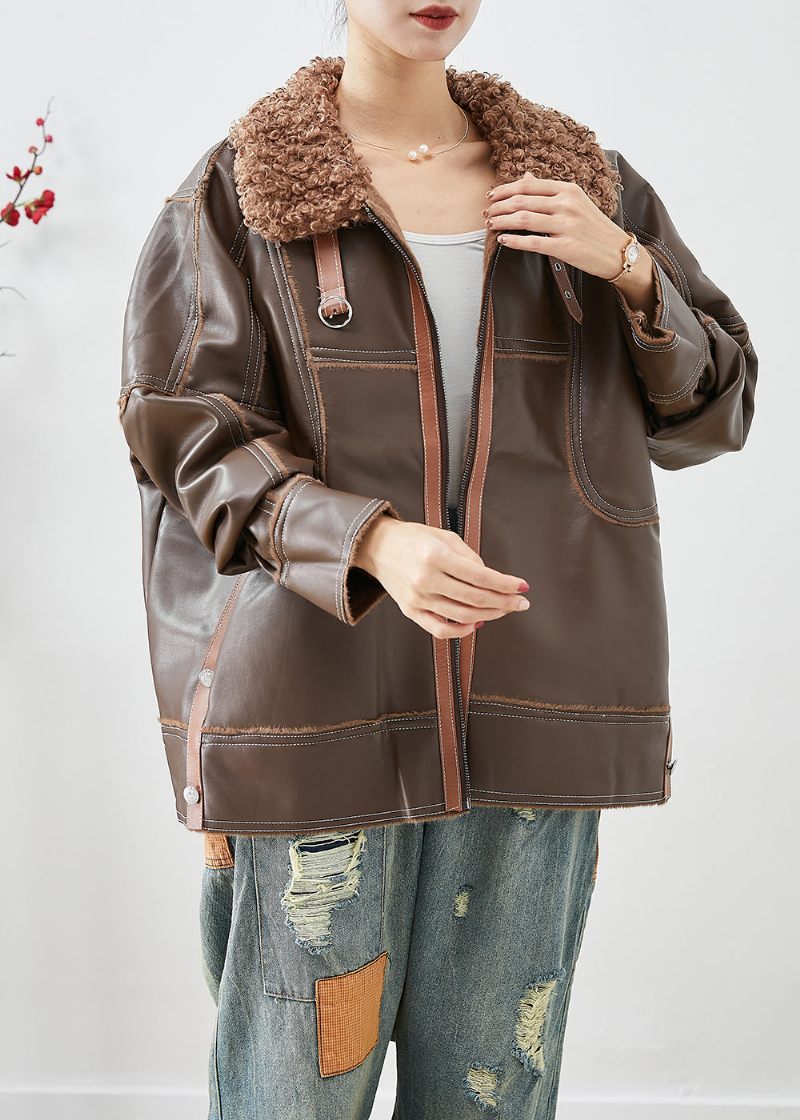 Snygg Khaki Pälskrage Patchwork Tjock Konstläderjackor Vinter - Vinterkappor för kvinnor