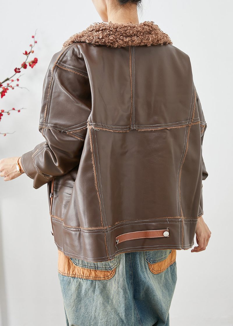 Snygg Khaki Pälskrage Patchwork Tjock Konstläderjackor Vinter - Vinterkappor för kvinnor