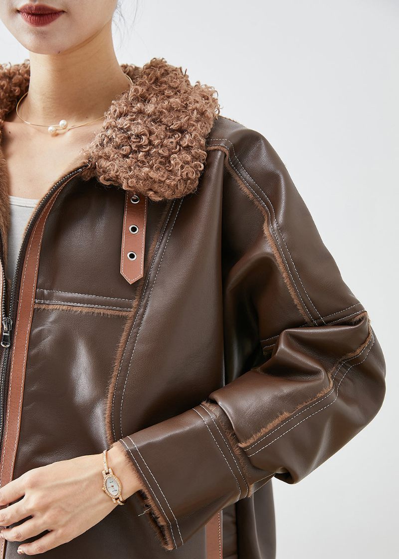 Snygg Khaki Pälskrage Patchwork Tjock Konstläderjackor Vinter - Vinterkappor för kvinnor