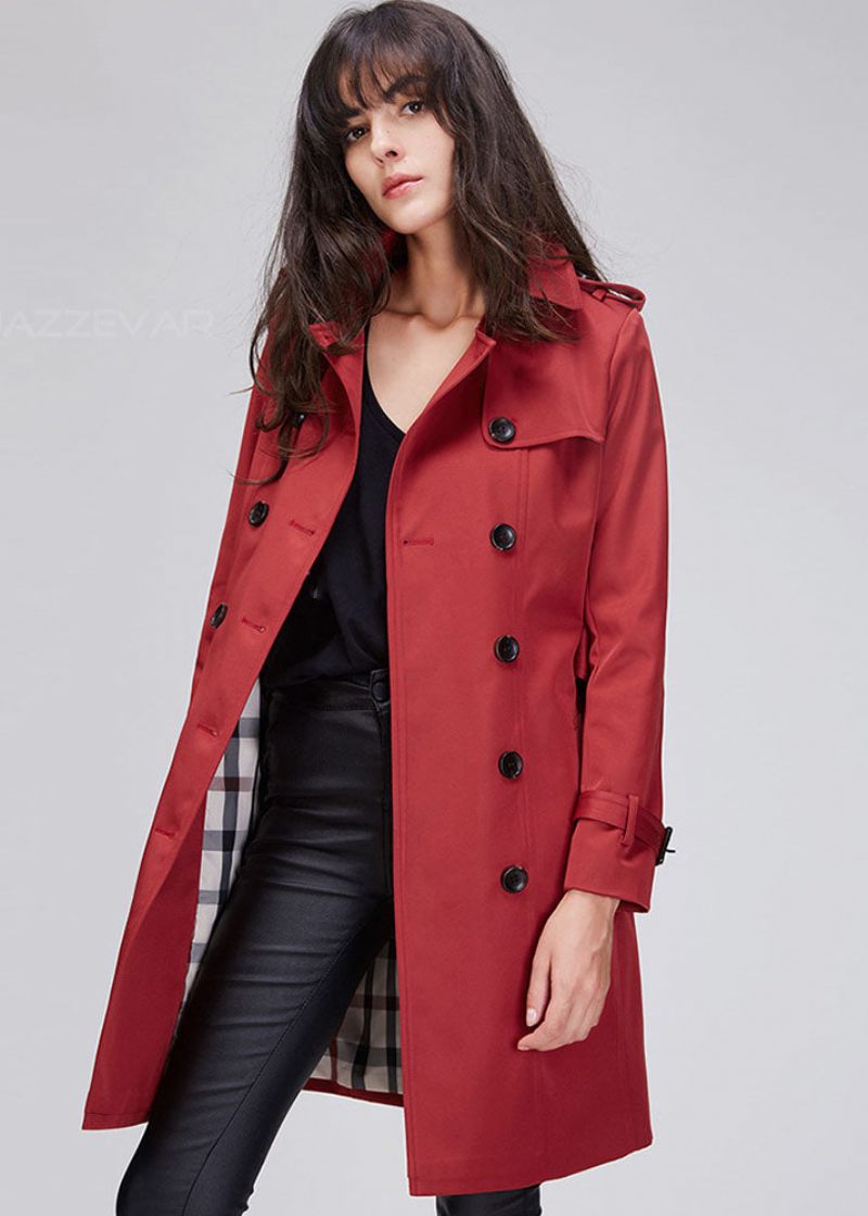 Snygg Röd Dubbelknäppt Trenchcoat