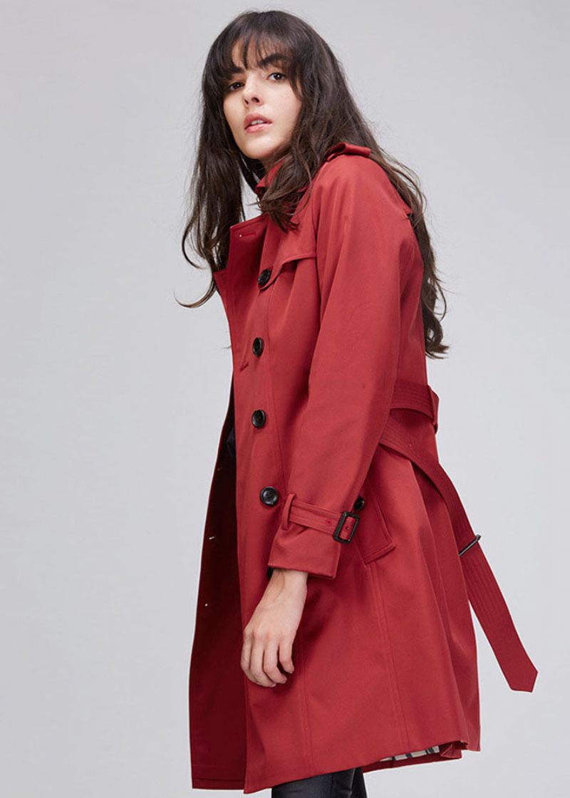 Snygg Röd Dubbelknäppt Trenchcoat - Kaki