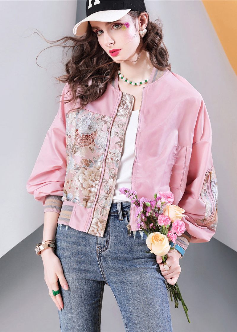 Snygga Plus Size Rosa Fickor Print Patchwork Jackor Fall
