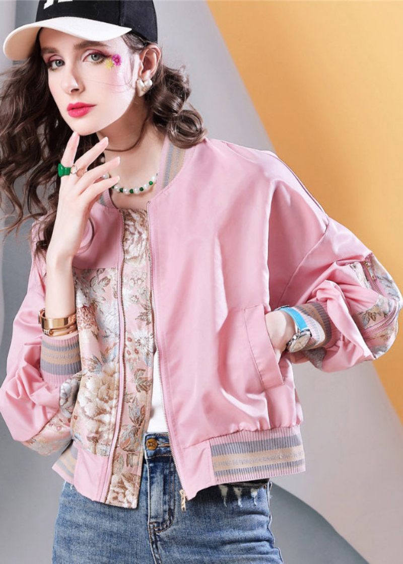 Snygga Plus Size Rosa Fickor Print Patchwork Jackor Fall - Vinterkappor för kvinnor