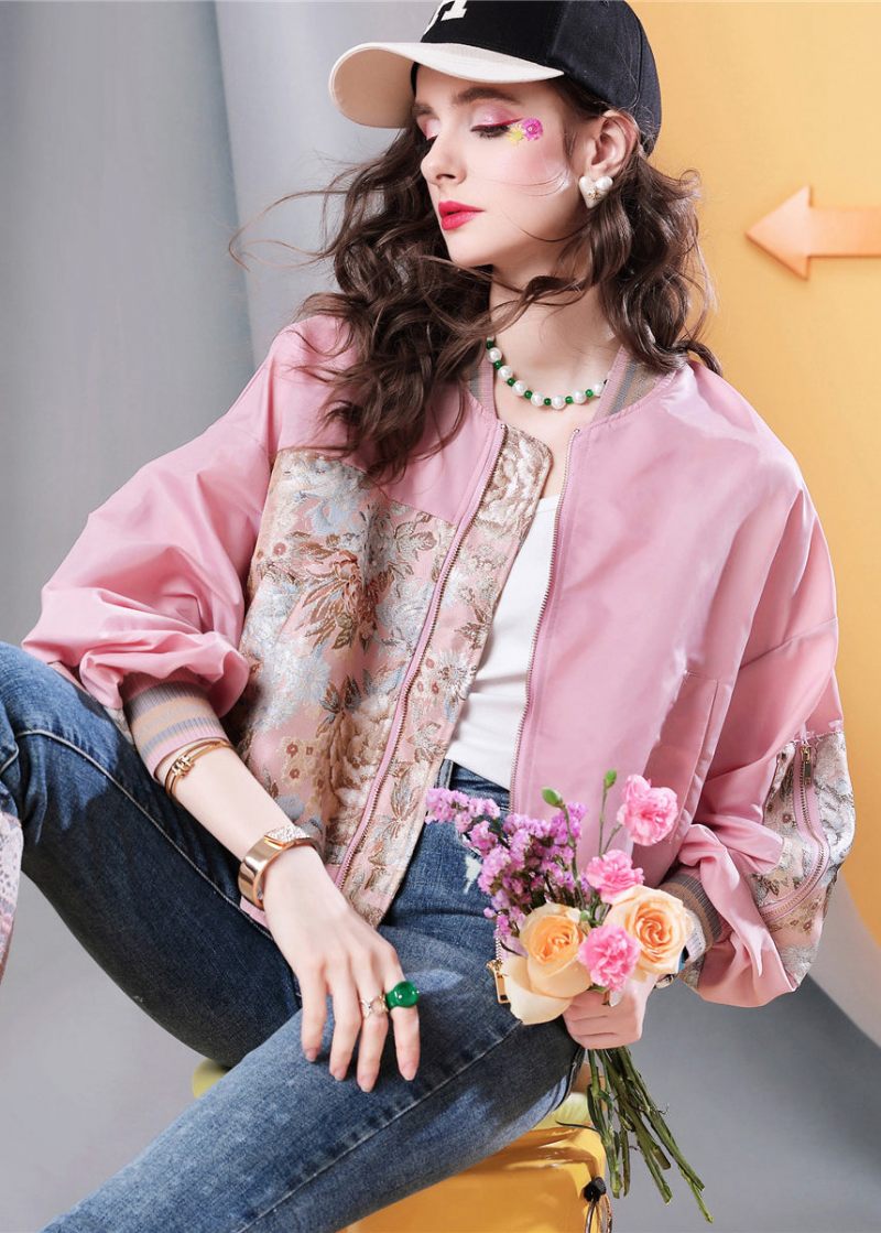 Snygga Plus Size Rosa Fickor Print Patchwork Jackor Fall - Vinterkappor för kvinnor