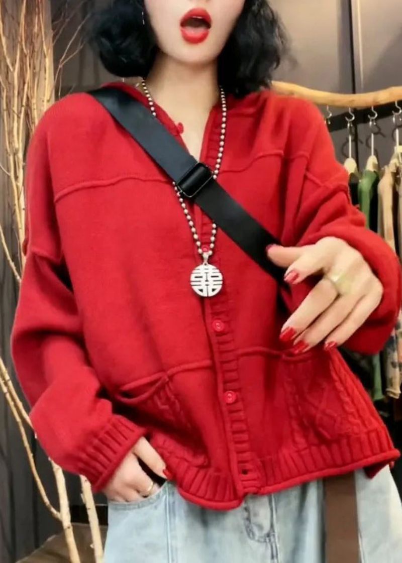 Snygga Röda V-halsfickor Patchwork Stickad Cardigan Fall - Koftor för kvinnor