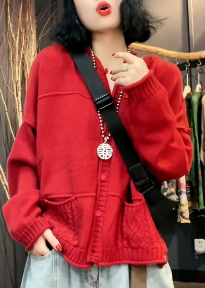 Snygga Röda V-halsfickor Patchwork Stickad Cardigan Fall - Koftor för kvinnor