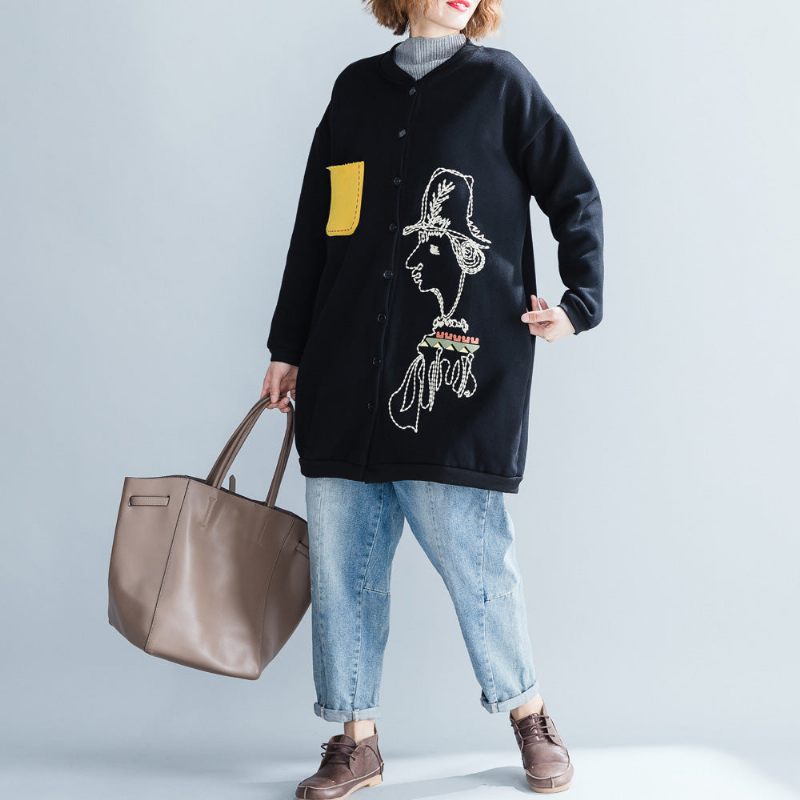 Snygga Svarta Bomullstoppar Oversize Bomull O-ringad Naturlig Tröja Tryck Button Down T-shirt - Vinterkappor för kvinnor