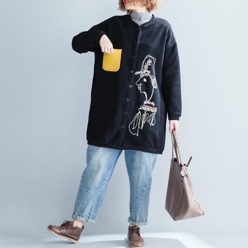 Snygga Svarta Bomullstoppar Oversize Bomull O-ringad Naturlig Tröja Tryck Button Down T-shirt - Vinterkappor för kvinnor