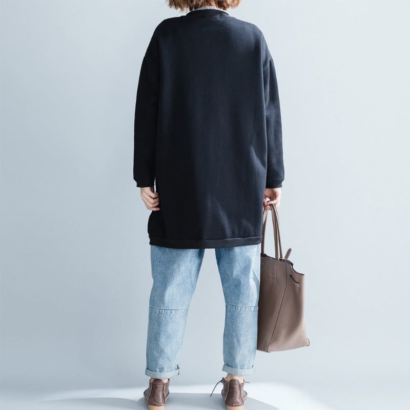 Snygga Svarta Bomullstoppar Oversize Bomull O-ringad Naturlig Tröja Tryck Button Down T-shirt - Vinterkappor för kvinnor