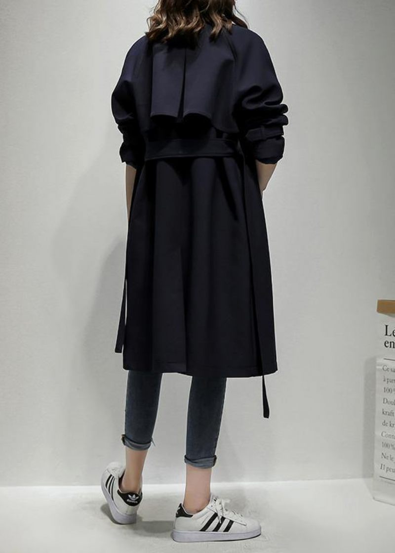 Snyggt Skårad Dubbelbröst Plus Size Trenchcoat Marinblå Silhuett Ytterkläder - Trenchcoats för kvinnor