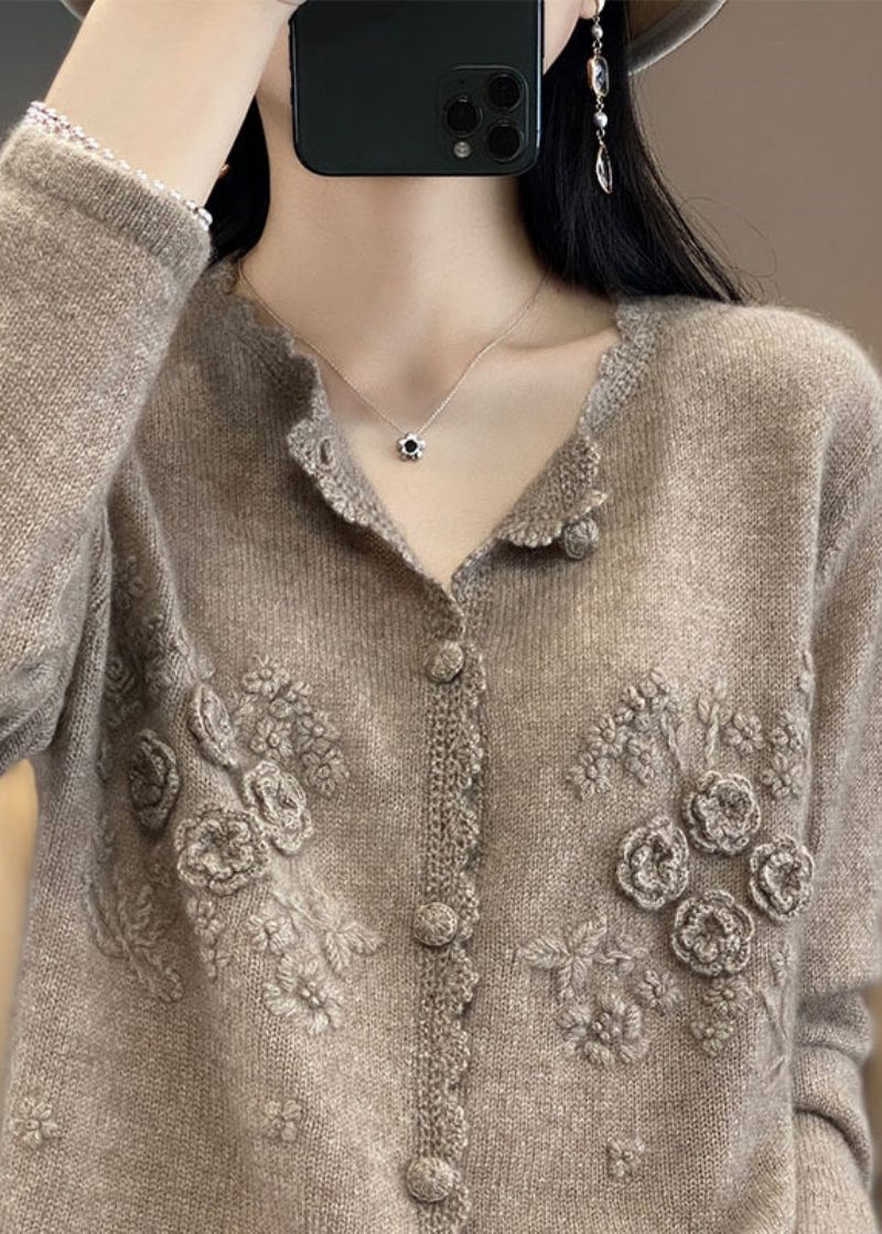 Söt Aprikos Ros Blommig Knapp Cashmere Stickade Cardigans Långärmad - Aprikos