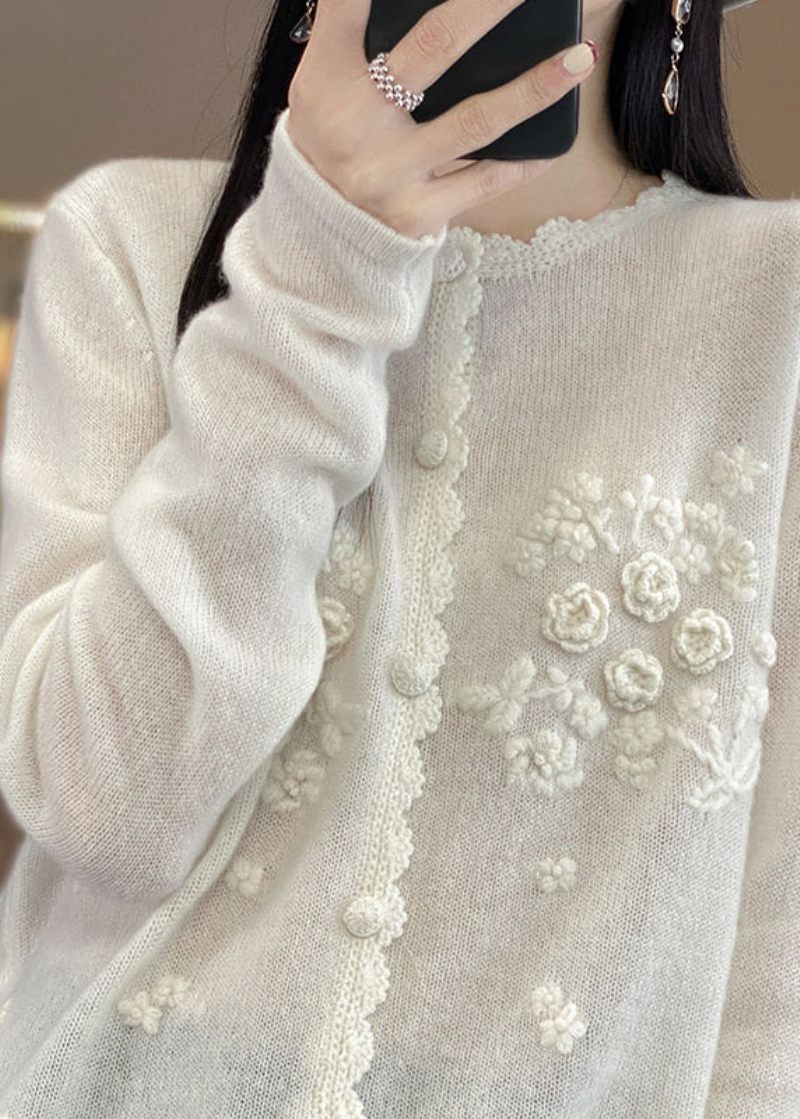 Söt Aprikos Ros Blommig Knapp Cashmere Stickade Cardigans Långärmad - Aprikos