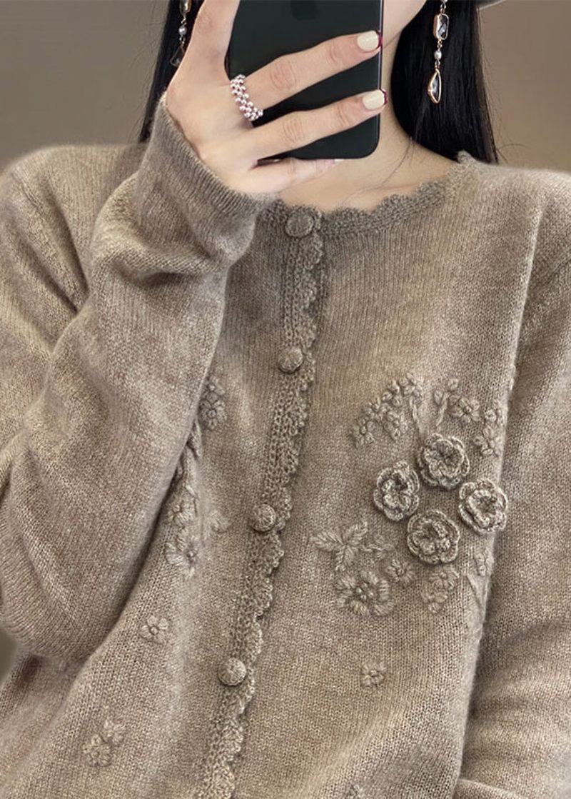 Söt Aprikos Ros Blommig Knapp Cashmere Stickade Cardigans Långärmad - Aprikos