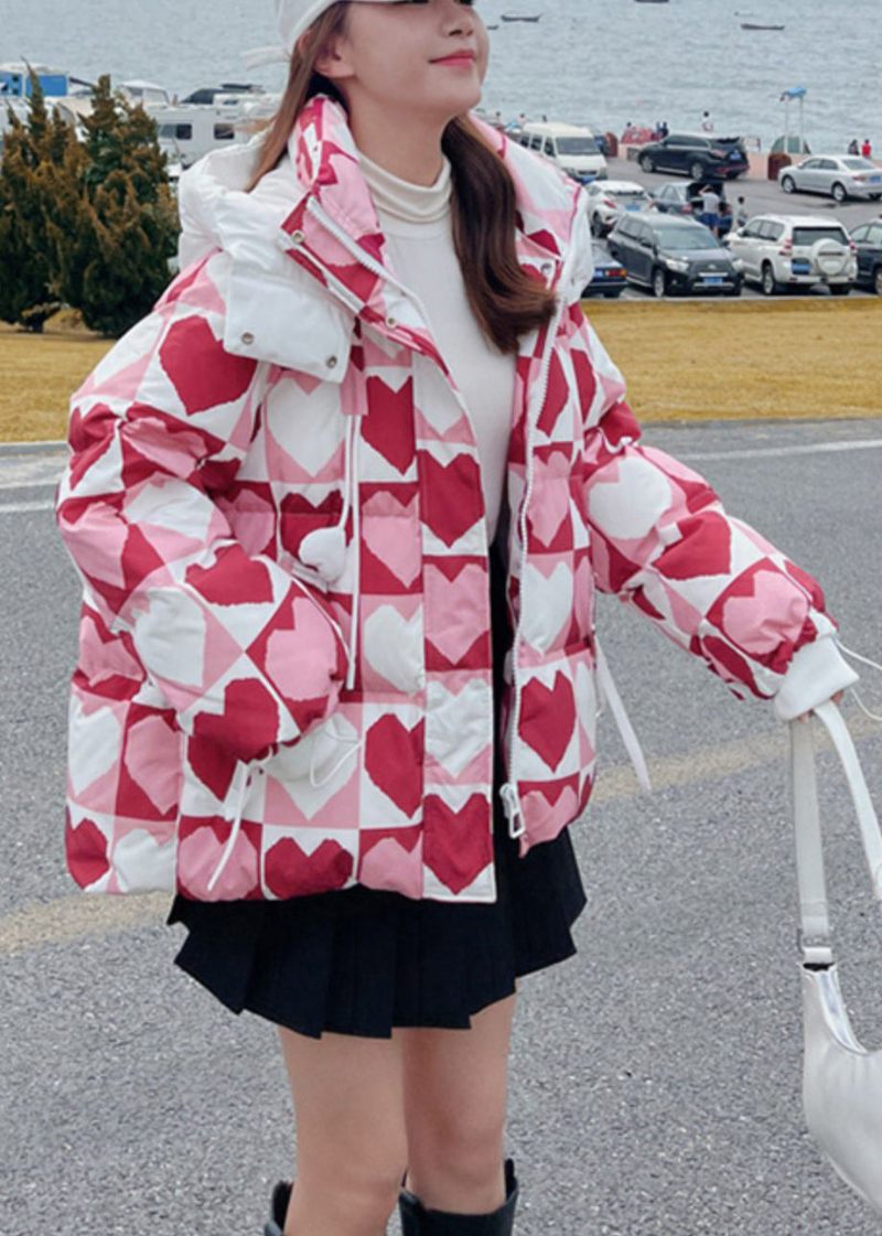 Söt Rosa Hooded Heart Print Fin Bomullsfylld Jacka På Vintern