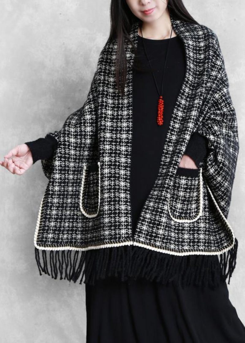 Söta Stickade Trendiga Plus Size Svarta Batwing Sleeve Tassel Kappor - Vinterkappor för kvinnor