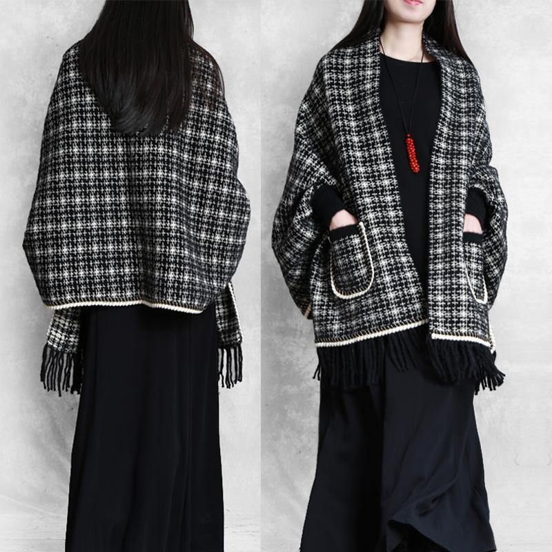 Söta Stickade Trendiga Plus Size Svarta Batwing Sleeve Tassel Kappor - Vinterkappor för kvinnor