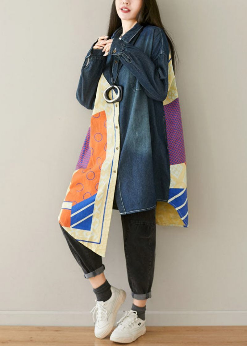Stil Blå Asymmetriska Fickor Patchwork Bomull Denim Kappor Vår - Vinterkappor för kvinnor