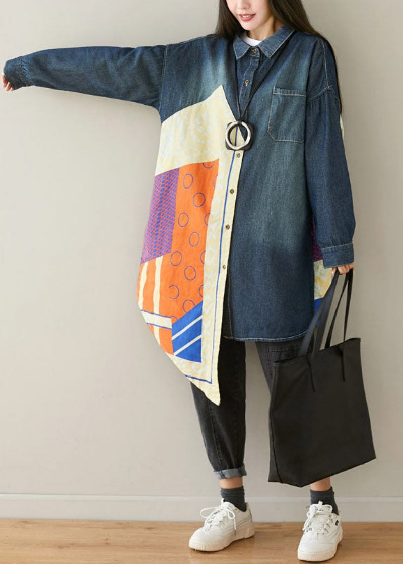 Stil Blå Asymmetriska Fickor Patchwork Bomull Denim Kappor Vår - Vinterkappor för kvinnor
