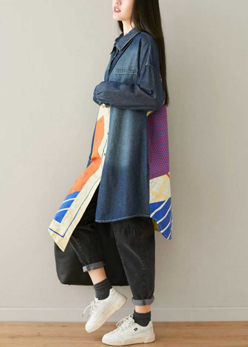 Stil Blå Asymmetriska Fickor Patchwork Bomull Denim Kappor Vår - Vinterkappor för kvinnor