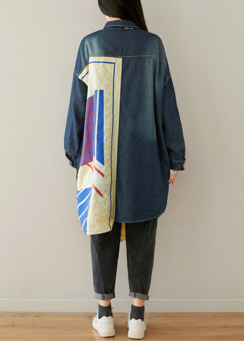 Stil Blå Asymmetriska Fickor Patchwork Bomull Denim Kappor Vår - Vinterkappor för kvinnor