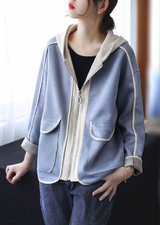 Stil Blå Huva Fickor Patchwork Bomull Coat Spring