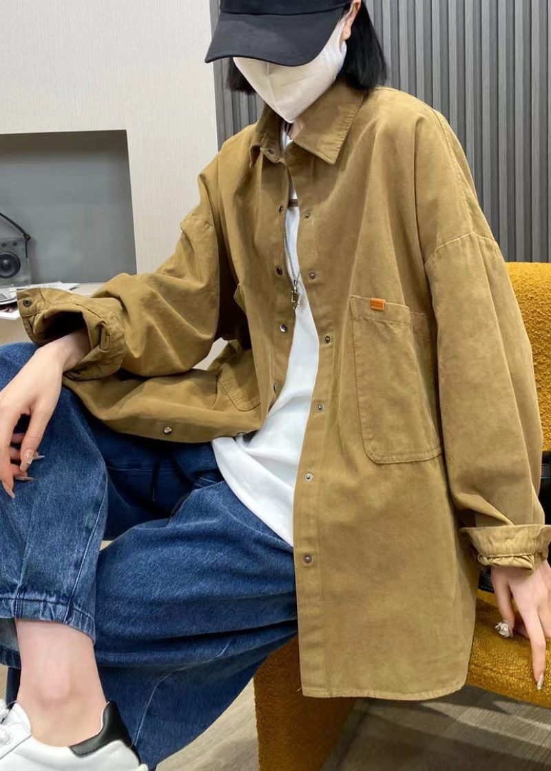Stil Khaki Button Peter Pan Krage Fickor Bomullsrock Långärmad