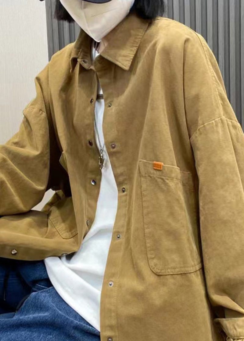Stil Khaki Button Peter Pan Krage Fickor Bomullsrock Långärmad - Kaki