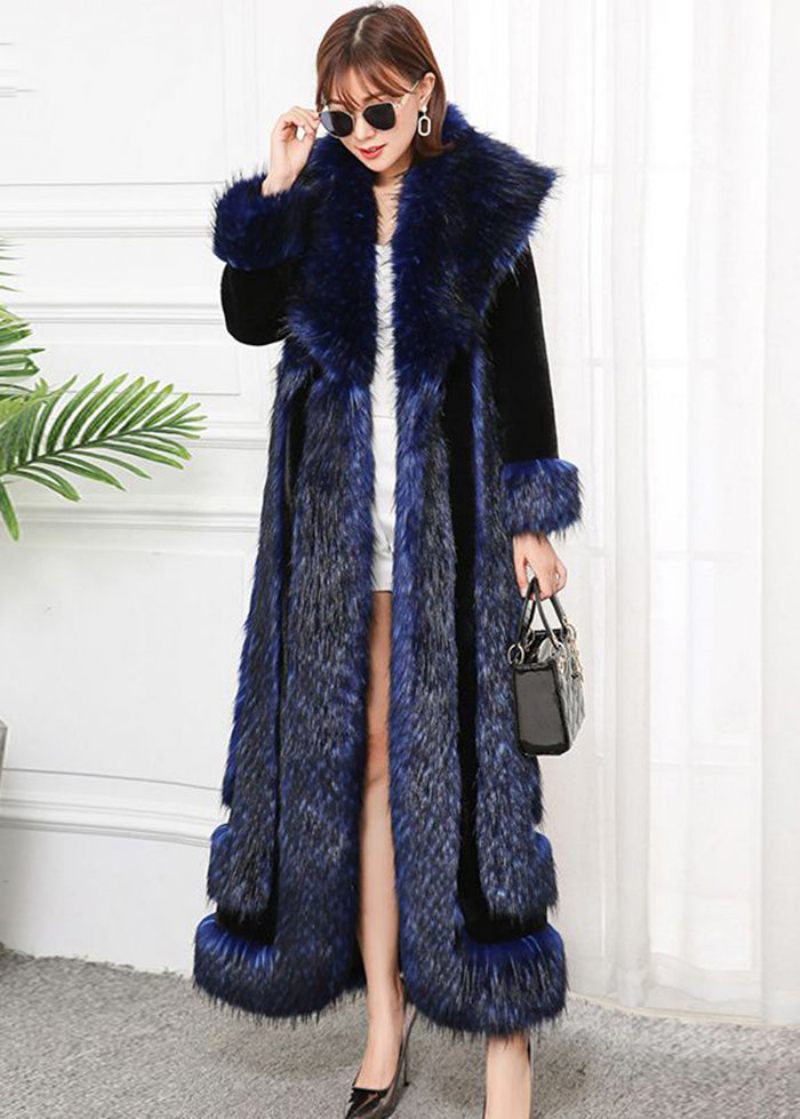 Stil Marinblå Faux Fox Krage Patchwork Silm Fit Fur Coats Vinter