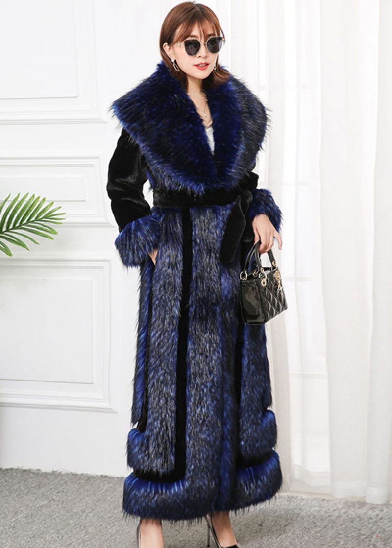 Stil Marinblå Faux Fox Krage Patchwork Silm Fit Fur Coats Vinter - Vinterkappor för kvinnor