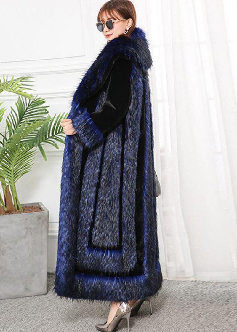 Stil Marinblå Faux Fox Krage Patchwork Silm Fit Fur Coats Vinter - Vinterkappor för kvinnor