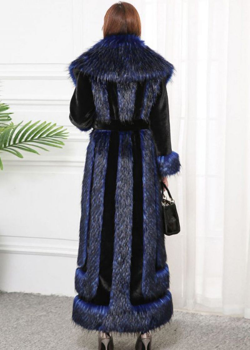 Stil Marinblå Faux Fox Krage Patchwork Silm Fit Fur Coats Vinter - Vinterkappor för kvinnor