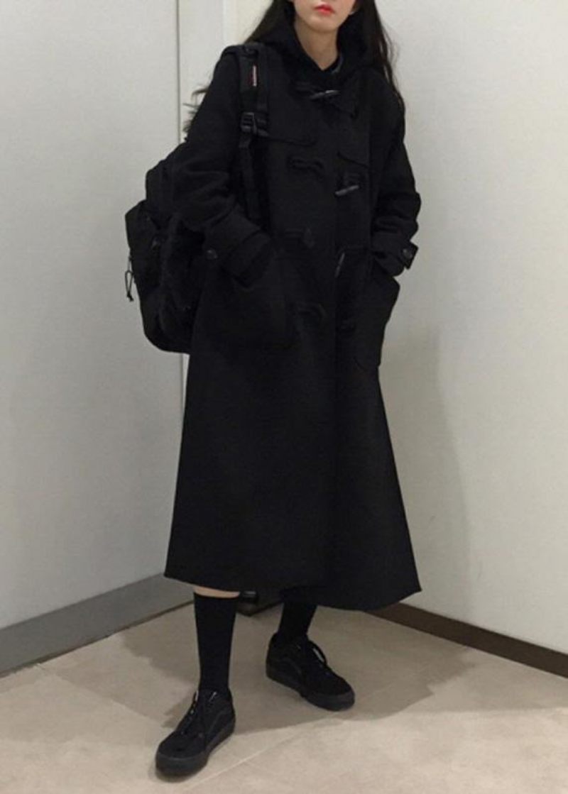Stil Svart Fin Trenchcoat Kappor Med Öppen Huva I Bomull - Trenchcoats för kvinnor