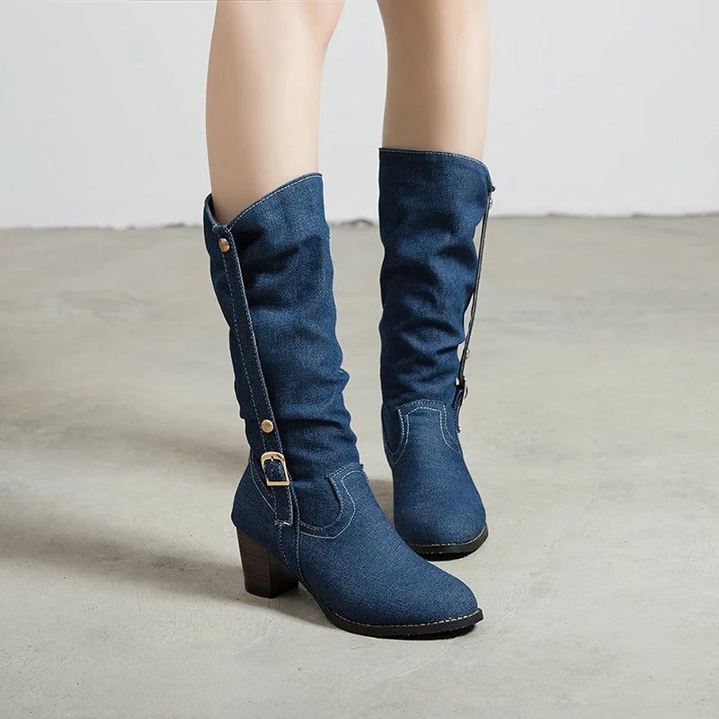 Stövlar Dam Lång Rör Kort Stövel Vinter Högklack Denim Boot Dam Snygga Jeans Spänne Rem Skor - Blå