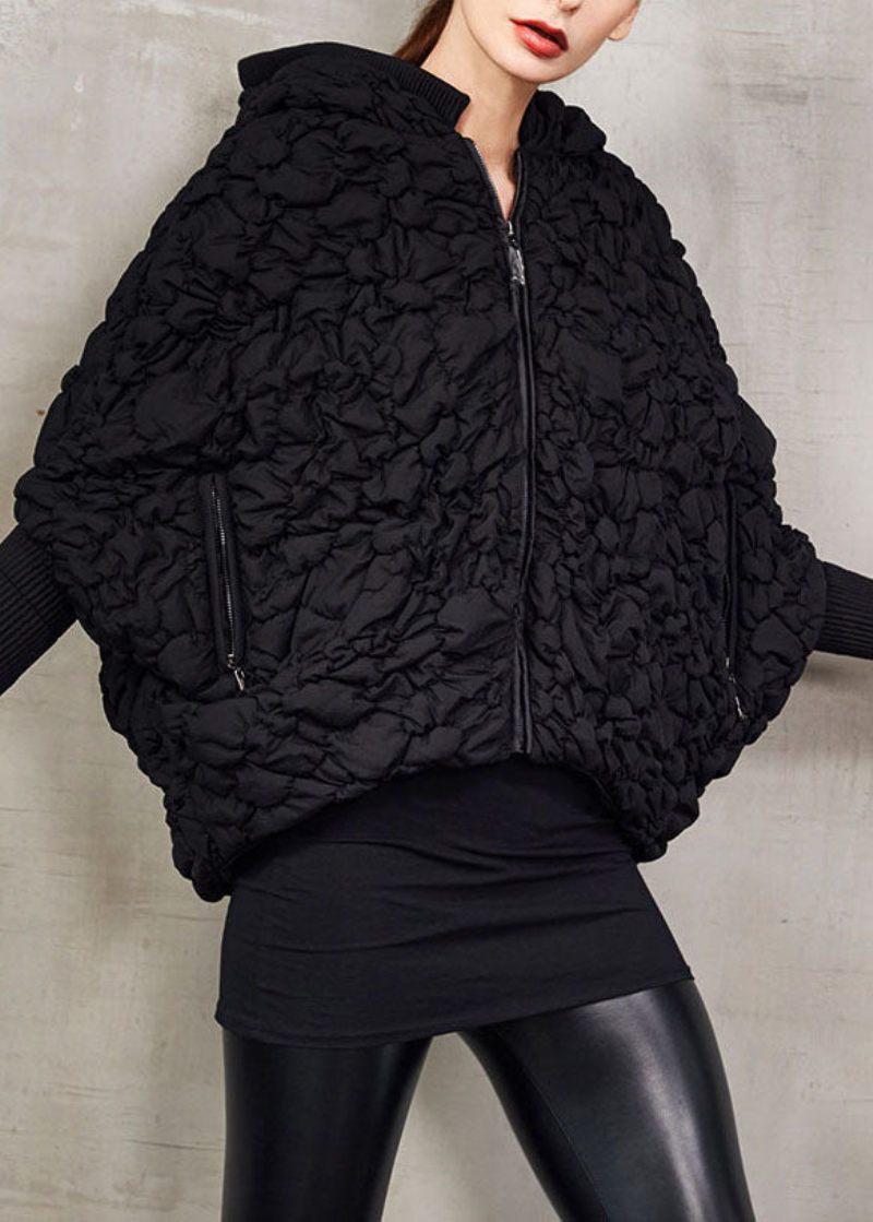 Svart Bat Wing Sleeve Duck Down Puffer Jacka Hooded Winter - Blå