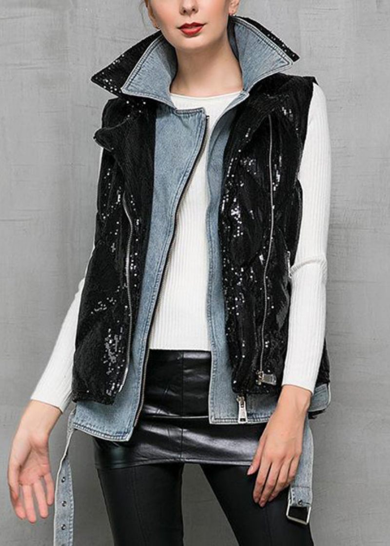 Svart Denim Patchwork Duck Down Väst Peter Pan Krage Vinter
