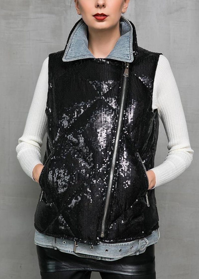 Svart Denim Patchwork Duck Down Väst Peter Pan Krage Vinter - Vinterkappor för kvinnor