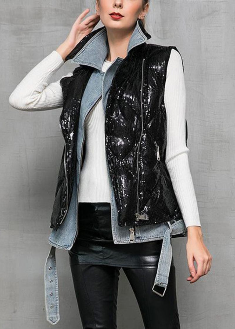 Svart Denim Patchwork Duck Down Väst Peter Pan Krage Vinter - Vinterkappor för kvinnor