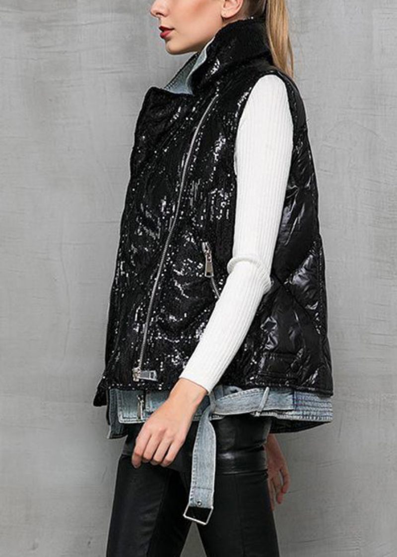 Svart Denim Patchwork Duck Down Väst Peter Pan Krage Vinter - Vinterkappor för kvinnor