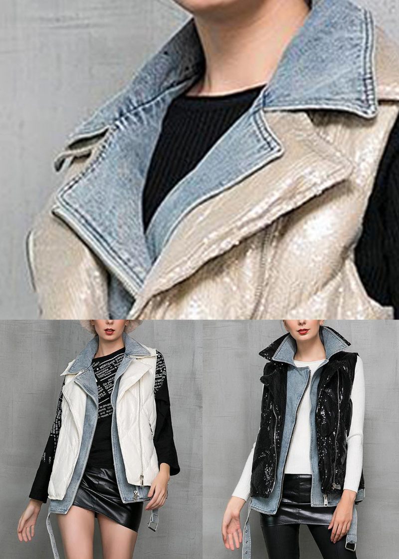 Svart Denim Patchwork Duck Down Väst Peter Pan Krage Vinter - Vinterkappor för kvinnor