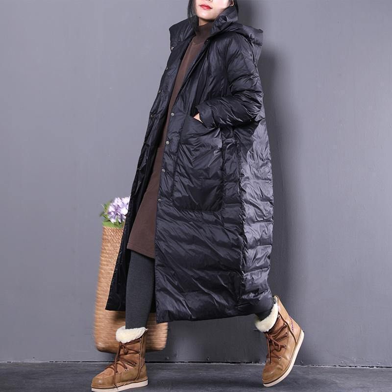 Svart Dunjacka Plus Size Kläder Huvdunkappa Casual Dunkappa Med Stora Fickor - Dunjackor för kvinnor