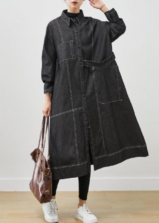 Svart Lös Denim Trench Coat Oversized Fickor Spring