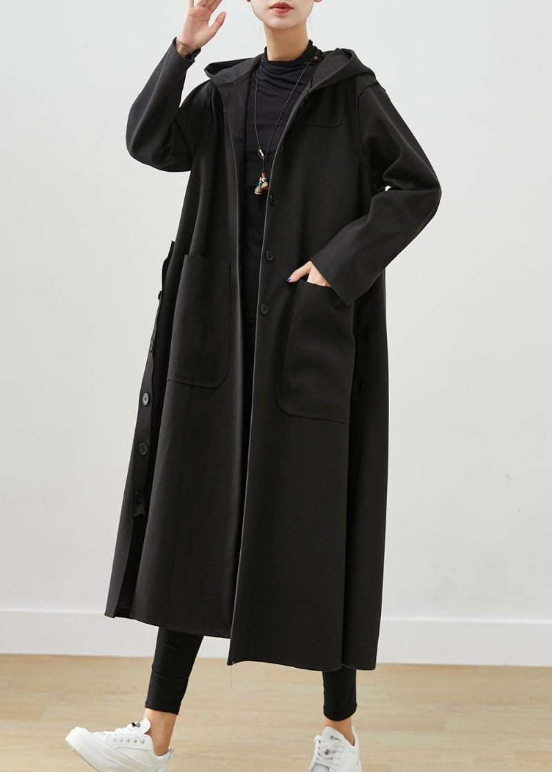 Svart Oversized Cotton Coat Hooded Pockets Fall
