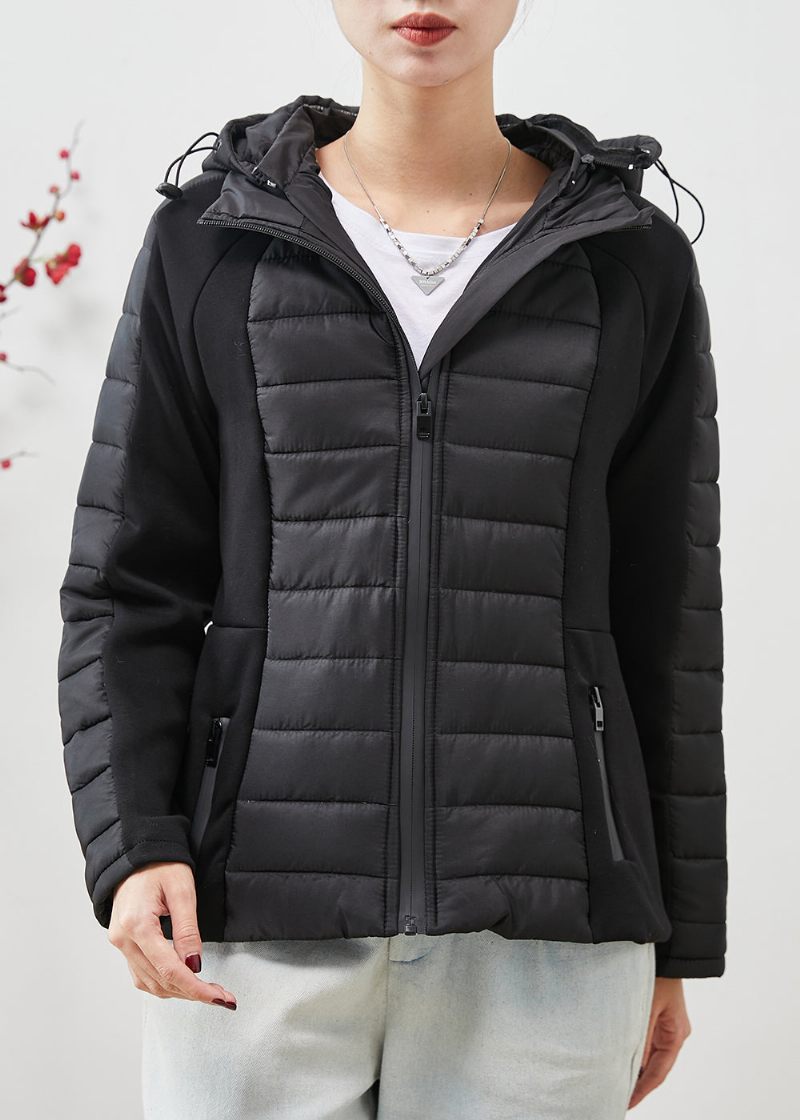 Svart Patchwork Fina Bomullsfyllda Jackor Hooded Drawstring Spring