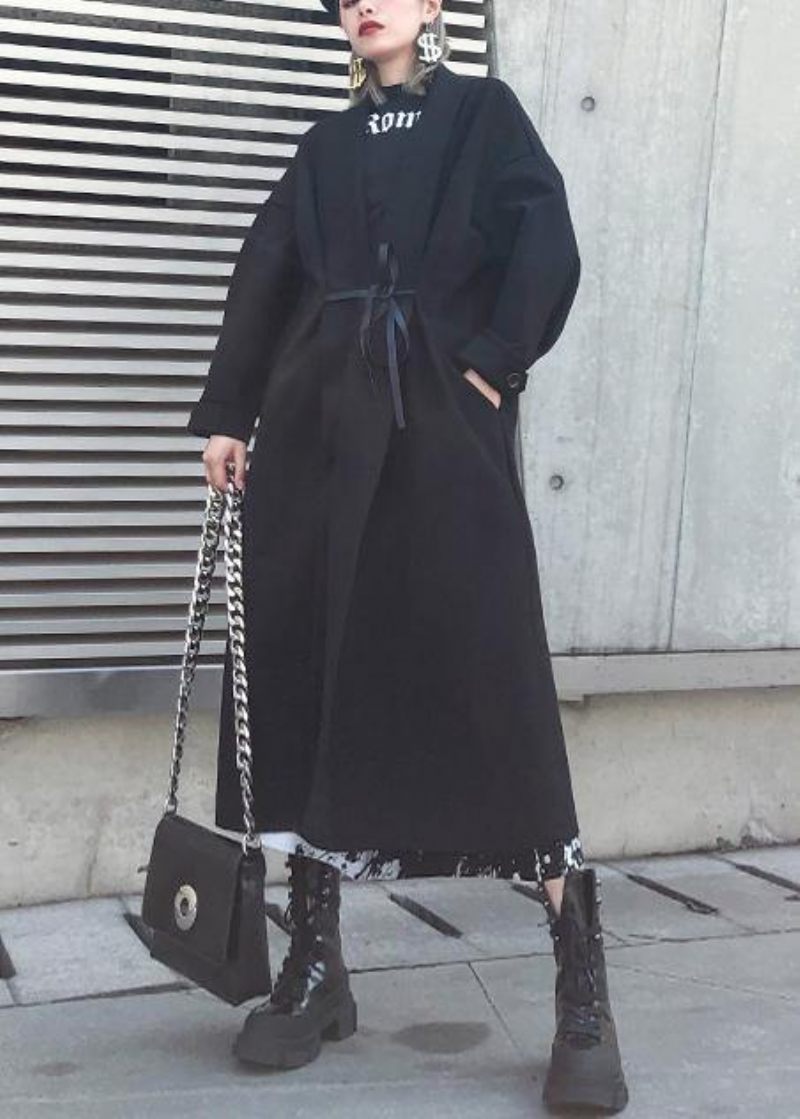 Svart Yllejacka Plus Size Vinter Naggad Midjejacka - Trenchcoats för kvinnor