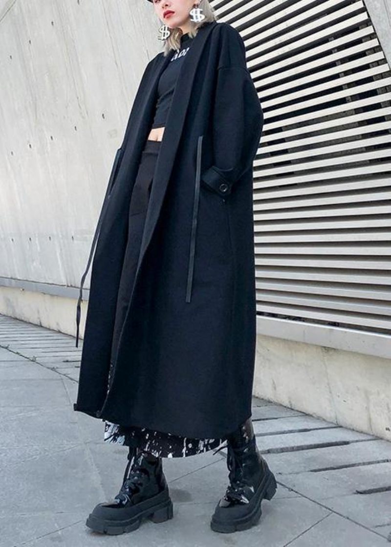 Svart Yllejacka Plus Size Vinter Naggad Midjejacka - Trenchcoats för kvinnor